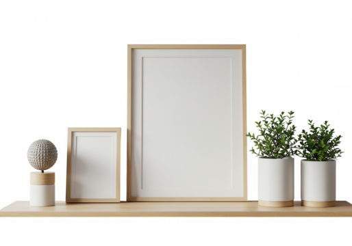 Two blank wooden picture frames with decorative objects and plants on a shelf isolated on transparent background
