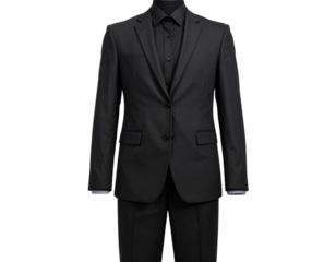  Classic Black Suit Front View on Invisible Mannequin, Single Button, Straight-Leg Pants, Isolated PNG