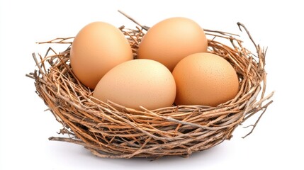 A nest with four eggs, made of twigs and straw, placed on a white background with a soft focus effect.