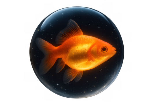 Goldfish swimming in a transparent glass bowl filled with stars and nebulas, creating a surreal and cosmic atmosphere - Powered by Adobe