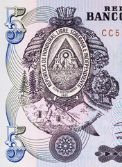 Naklejka premium Banknote 5 Lempiras of Honduras. Fragment for designers. Paper money of Honduras.