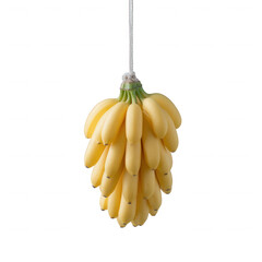 A bunch of fresh, ripe bananas hanging against a white isolated background, showcasing their vibrant yellow color and natural curves.