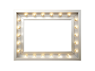 A silver frame surrounds a mirror illuminated by numerous bright bulbs, creating a glamorous hollywood effect isolated on transparent background
