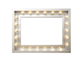 A silver frame surrounds a mirror illuminated by numerous bright bulbs, creating a glamorous hollywood effect isolated on transparent background