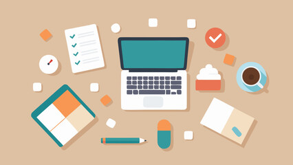 Flat lay of organized workspace with laptop, planner and coffee representing productivity, mental focus and work-life balance