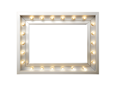 A silver frame surrounds a mirror illuminated by numerous bright bulbs, creating a glamorous hollywood effect isolated on transparent background