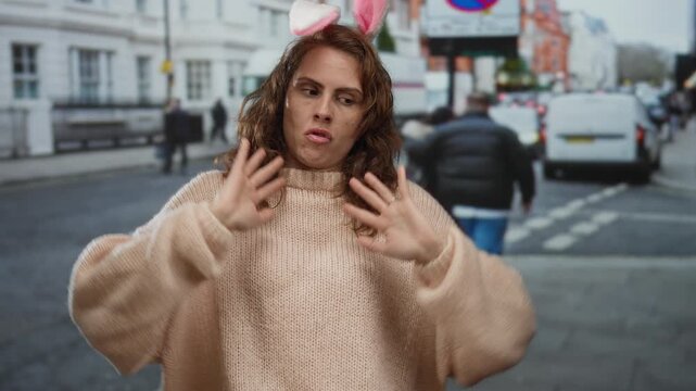 Woman with bunny ears in sweater gestures playfully on a busy city street with cars and buildings in the background.