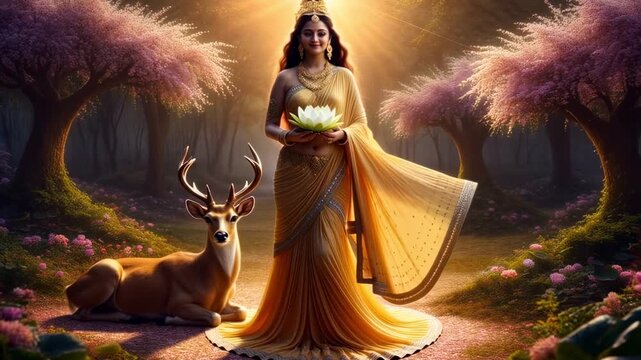 Goddess Sita in a Divine Forest with Lotus and Deer &ndash; Symbol of Devotion, Nature, and Purity