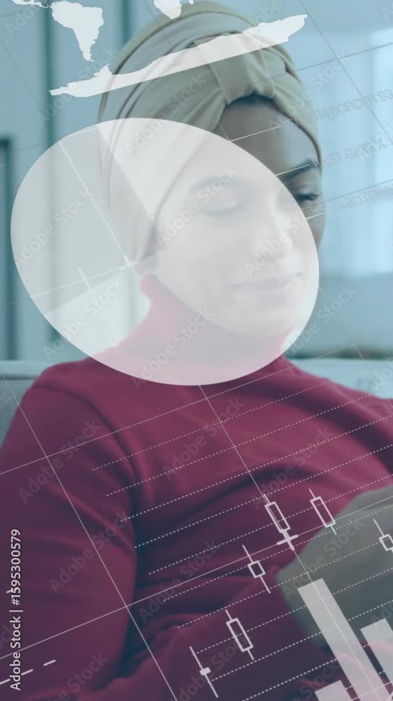 Poster animation of multiple charts with map and codes over woman in hijab using cellphone