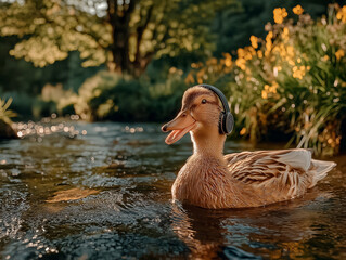 Fototapeta premium Duck Enjoying Music: A whimsical duck floats on a tranquil river, adorning headphones, immersed in a world of sound, showcasing the fun of modern technology blending with nature's charm.