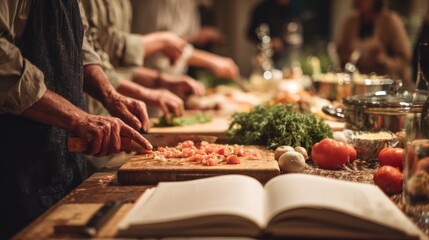 Hands chopping ingredients, communal kitchen