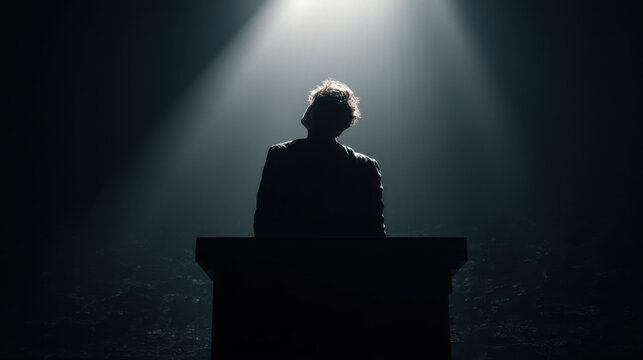 Silhouette of a Speaker Under Spotlight: A person stands at a podium in a dramatic, dark setting, bathed in a single spotlight that casts a compelling silhouette, evoking themes of leadership.