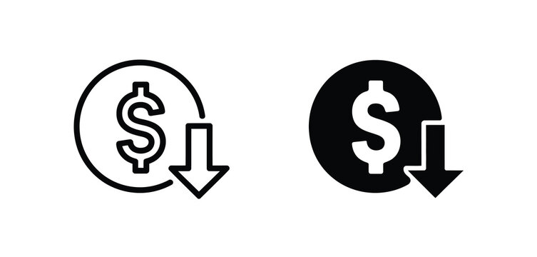 Dollar sign with downward arrow icon representing financial decrease