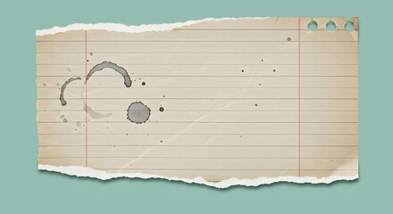 Torn, aged notebook paper with coffee stains, showing lines and perforated edge.
