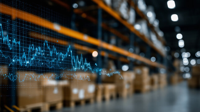 Warehouse Data Analysis: A blurred, vast warehouse filled with neatly stacked boxes, symbolizing the backbone of logistics and supply chain.