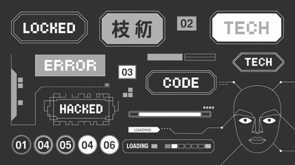 Futuristic Tech Elements Collection &ndash; Hi-Tech Cyberpunk HUD Frames and Borders &ndash; Modern Sci-Fi Banner Design Set Isolated on Dark Background &ndash; Vector Illustration

