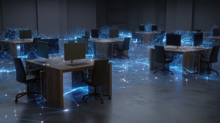 Modern office with desks and chairs connected by digital network lines, symbolizing connectivity and data exchange in a tech-driven workspace, AI integrated laptop