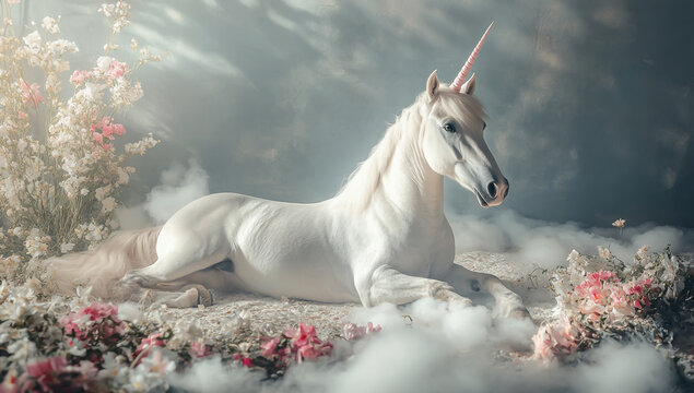 Beautiful white and brown horses in a snowy field with a foal
