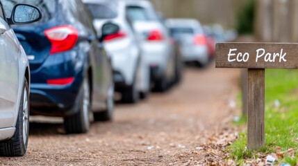 Eco Park sign close-up with a long line of idling cars stretching into the forest, traffic jam in nature reserve, symbol of over-tourism and environmental strain