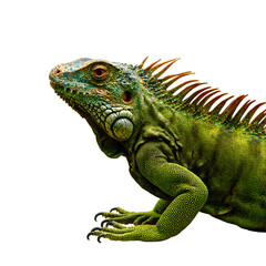 Obraz premium Vibrant green iguana with textured scales spiny crest and orange eyes showcasing reptilian resilience
