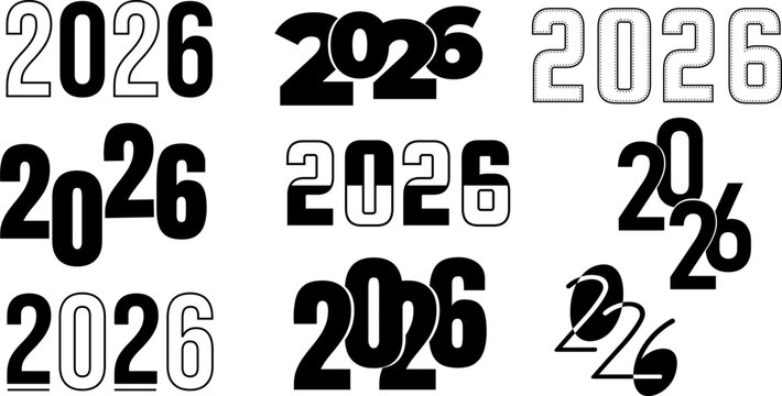 Vector illustration of stylized black and white numbers 2026. Set of symbols of 2026. Inscriptions for the new year.