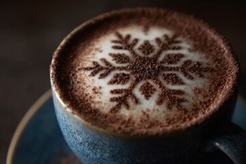 Frothy coffee drink with snowflake design