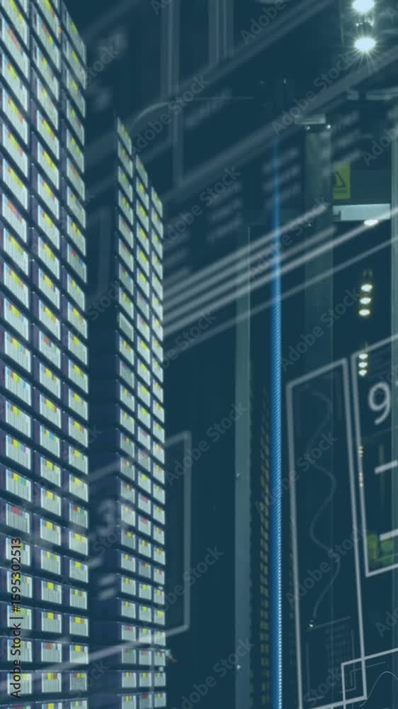 Poster animation of graphs, changing numbers and loading circles over large data server room