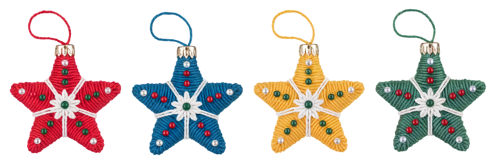 Red blue yellow green star ornaments with white floral center and beaded accents image