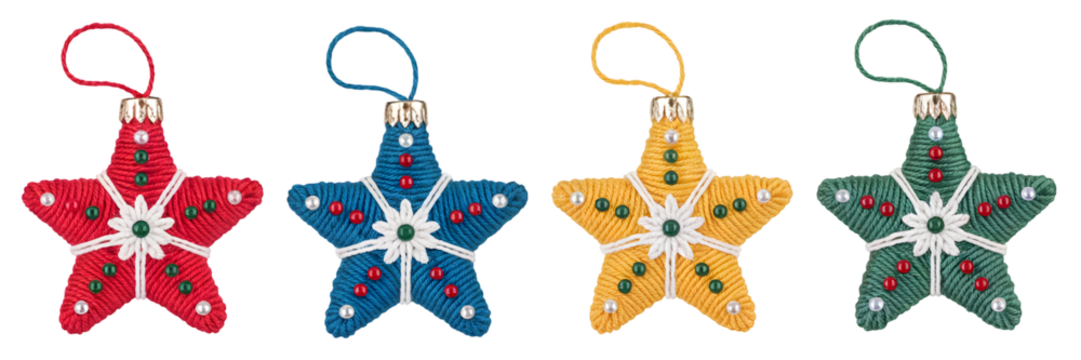 Red blue yellow green star ornaments with white floral center and beaded accents image