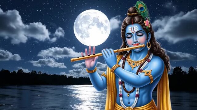 Lord Krishna Playing Flute Under Moonlight by the River &ndash; Divine Night Scene