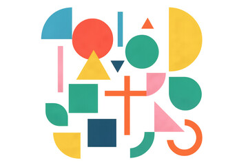 Vibrant geometric shapes are forming an abstract composition on a transparent background, ideal for creative projects