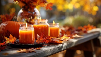 Festive autumn scene with scented pumpkin spice candles on a rustic outdoor table with colorful fall leaves scattered around natural daylight real photo stock photography