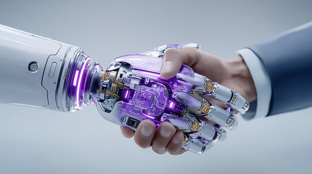 Human and Robotic Partnership: A powerful image of a human and robotic handclasp symbolizes the fusion of human expertise with advanced technology.