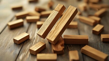 A wooden block structure in disarray on a wooden table, with a blurred background of scattered wooden blocks.