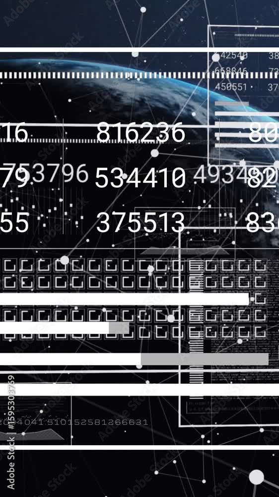Poster animation of changing numbers, graph, loading squares over connected dots against globe