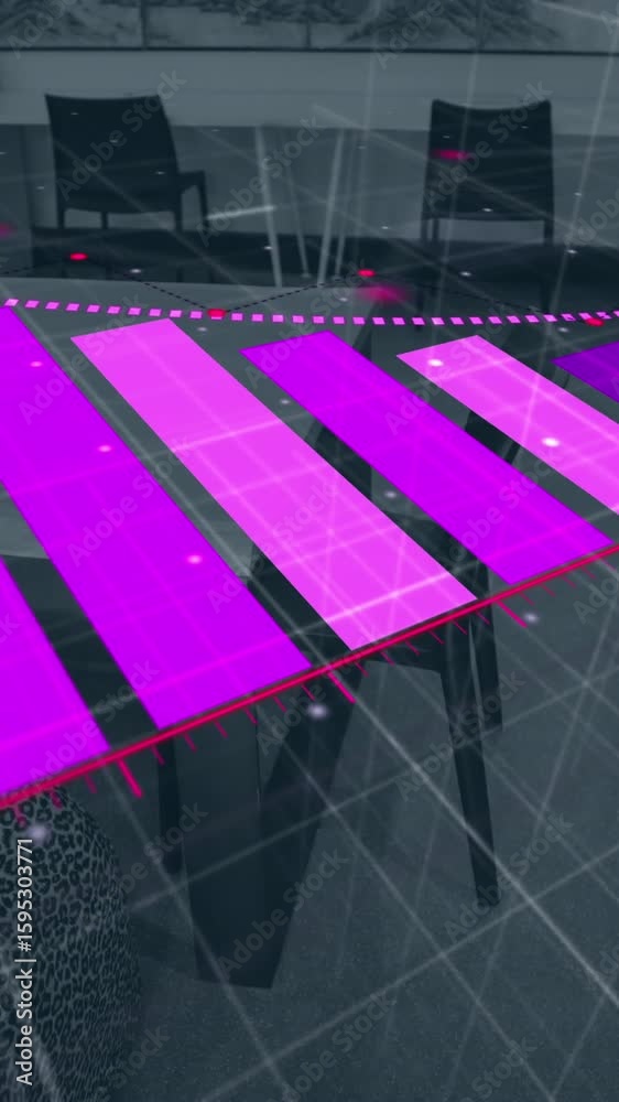 Poster animation of bar graph with arrow downgrading over empty chairs and tables arranged in office