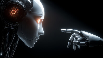Artistic Fusion: A Cybernetic Touch: An evocative image of a robot woman and a robotic hand nearly touching, against a stark black backdrop. The scene evokes themes of connection and technology.