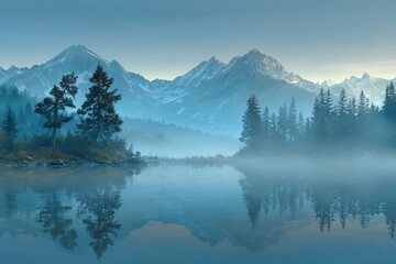 Obraz premium A breathtaking view of misty mountains reflecting on a lake, trees adding to the serene atmosphere