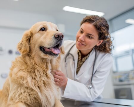 A veterinarian interacting with a golden retriever dog in a medical clinic setting