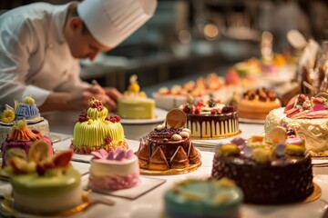 A chef meticulously decorates a dazzling array of meticulously crafted cakes. The scene is a testament to the artistry and dedication involved in the creation of culinary masterpieces. 