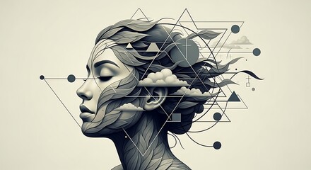 Fototapeta premium Abstract monochrome portrait with geometric shapes and leafy accents creates serene artistic piece