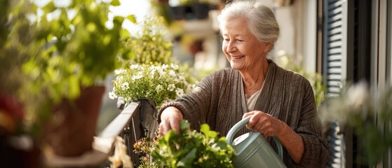 An elderly woman tending to plants on her balcony, enjoying gardening and the peaceful activity