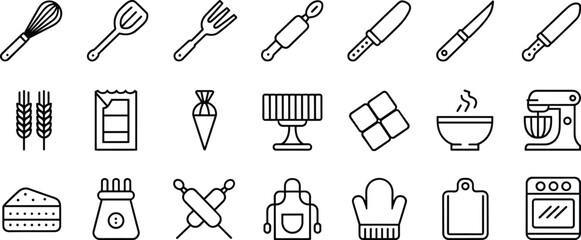 Baking and cooking line icons set including tools, ingredients, kitchen equipment, oven, whisk, rolling pin, bowl, gloves, mixer