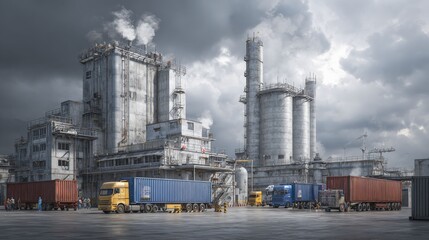 Obraz premium An industrial facility with heavy machinery, smoke, and trucks