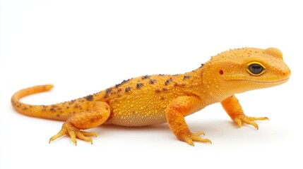 Fototapeta premium A vibrant orange and yellow lizard with black spots, standing on a white background with a blurred background.