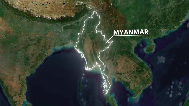 Zoom from Earth to Myanmar. Glow outline map animation satellite view with highlighted country borders. Cinematic documentary 3d world map animation highlights aerial views, tourism, and travel. 4k
