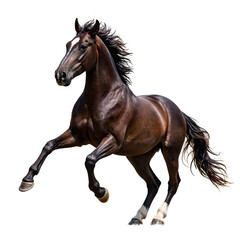 Naklejka premium Elegant wild stallion in full gallop dark brown coat glistening mane and tail flowing exuding untamed spirit and freedom