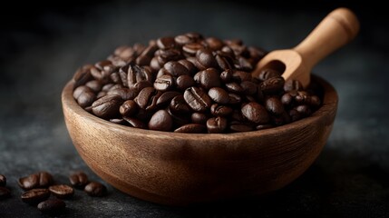 Fototapeta premium Freshly roasted coffee beans in a wooden bowl with a scoop