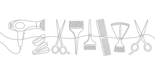 Stylized line art of hairdressing tools in a row