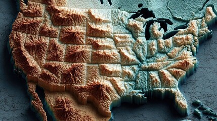 Textured topography USA map rendered in muted tones for land-based data analytics and spatial strategy visualization.